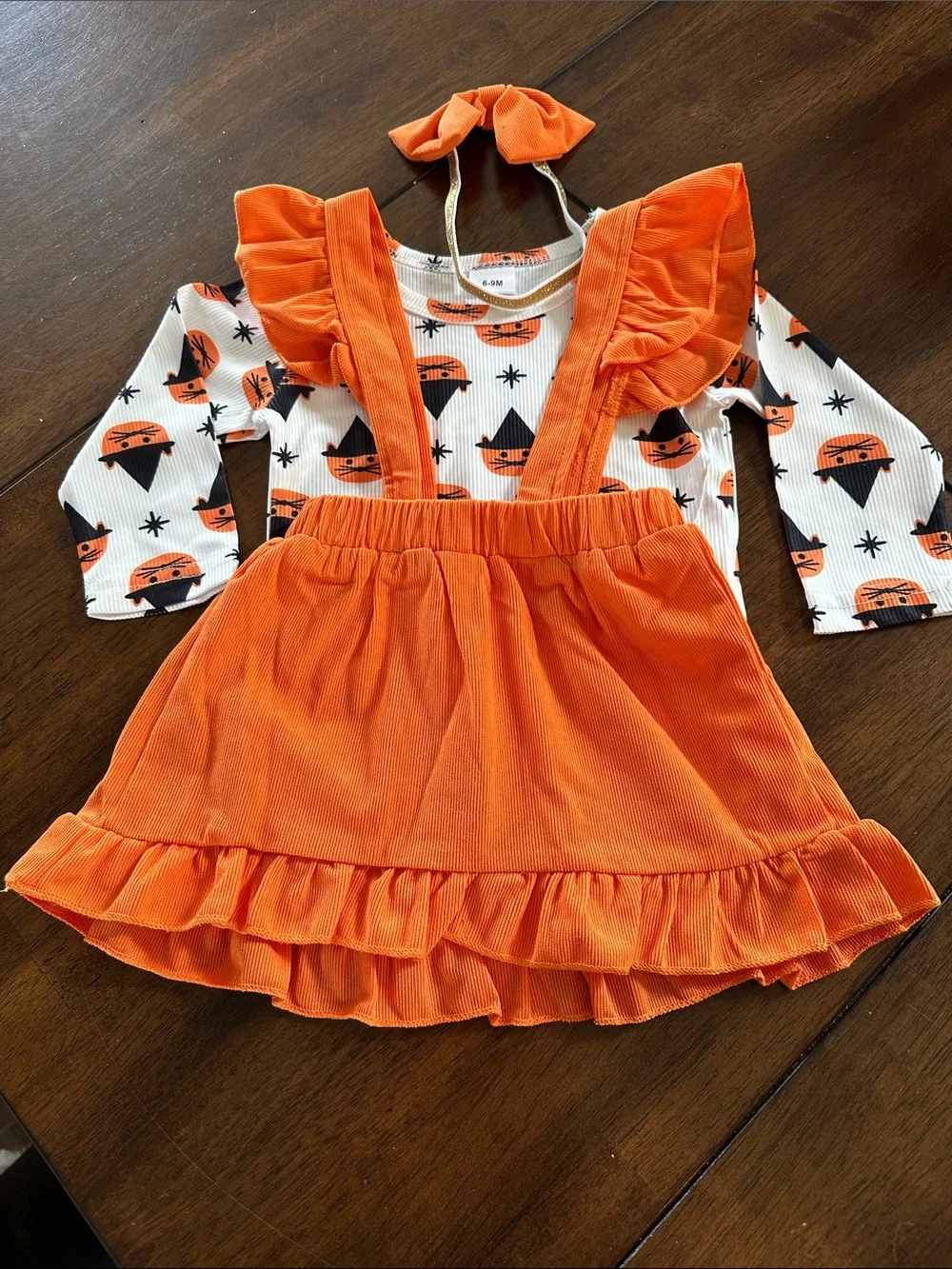 Orange Ruffle Suspender Skirt Set with Halloween Print Top